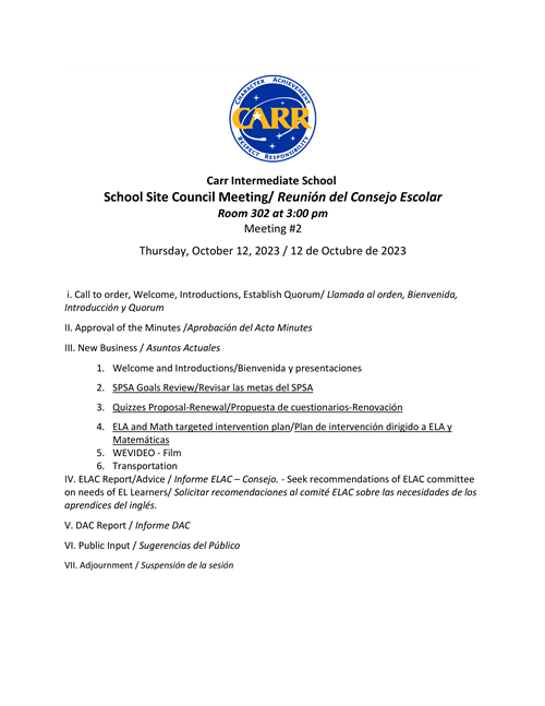 SSC Carr 2023 Oct 12 2023 meeting agenda